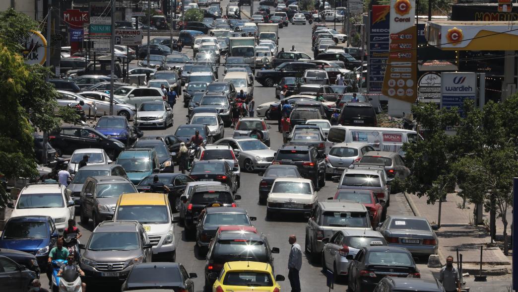 Traffic jam of vehicles queued up to refuel from a petrol station in Beirut