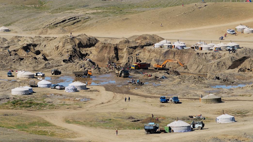 Aerial view of the gold mine camp in Burgede, Mongolia