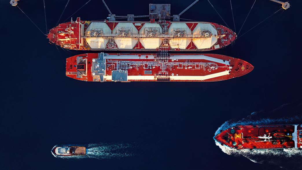 Aerial view of LNG and Oil tankers in the harbour