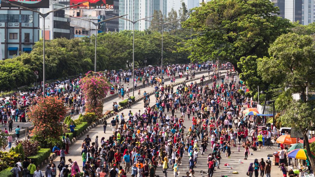 A huge crowd attends the car free day along Sudirman street in the heart of Jakarta business district.