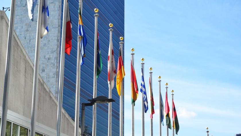 Flags in front of the UN building in NY
