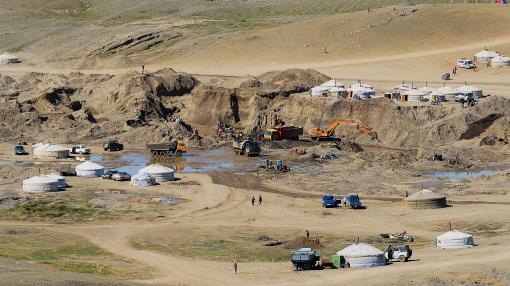Aerial view of the gold mine camp in Burgede, Mongolia