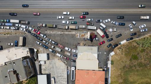 Tens of cars line up near the very few open gas stations in Lebanon - stock photo Tens of cars line up near the very few open gas stations in Lebanon. Drivers wait for hours due to fuel shortage