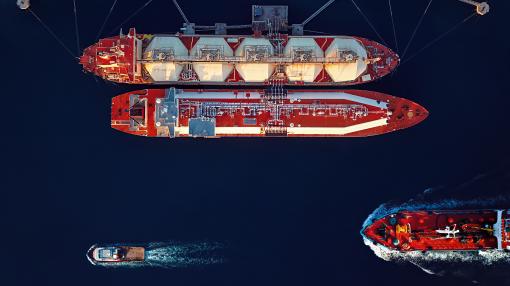 Aerial view of LNG and Oil tankers at sea