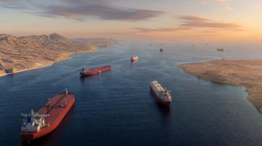 Aerial View of Oil Tankers Navigating a Strategically Blocked Strait of Hormuz at Sunset