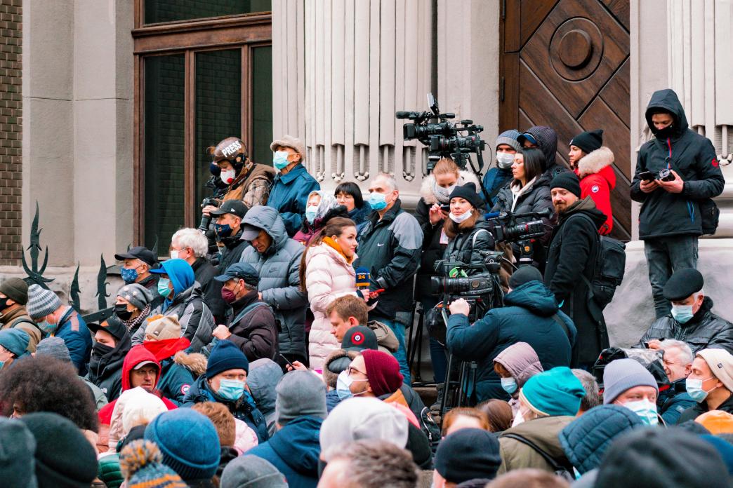 People and media gather in Kyiv