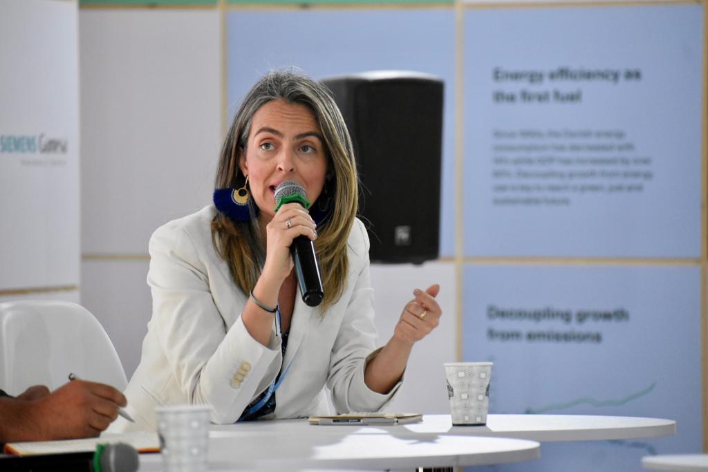 Ana Carolina speaking at a conference